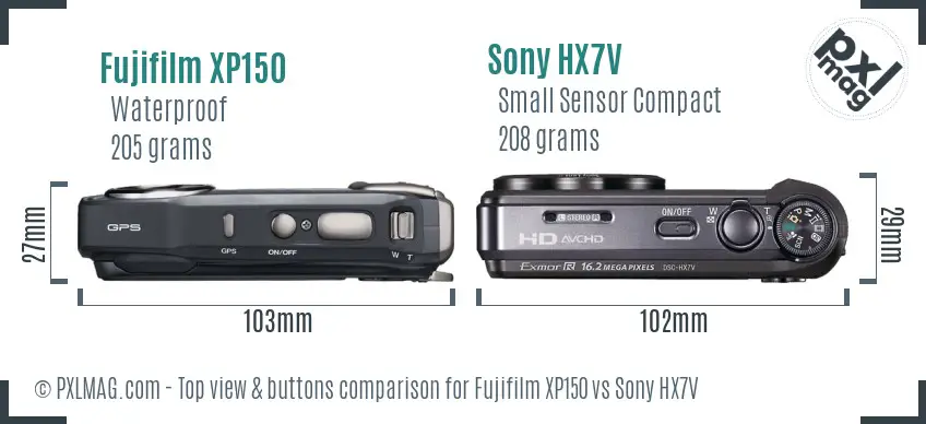 Fujifilm XP150 vs Sony HX7V top view buttons comparison Fujifilm XP150 vs Sony HX7V top view buttons comparison