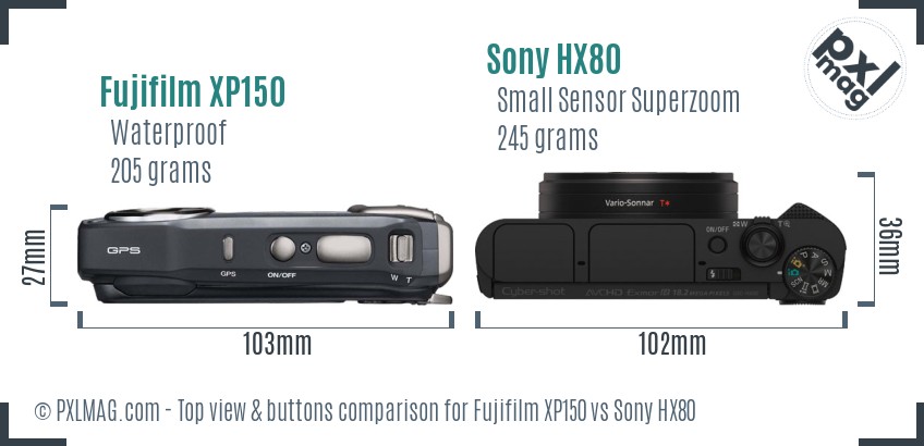 Fujifilm XP150 vs Sony HX80 top view buttons comparison