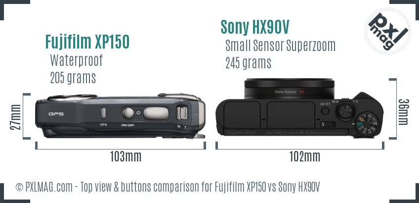 Fujifilm XP150 vs Sony HX90V top view buttons comparison
