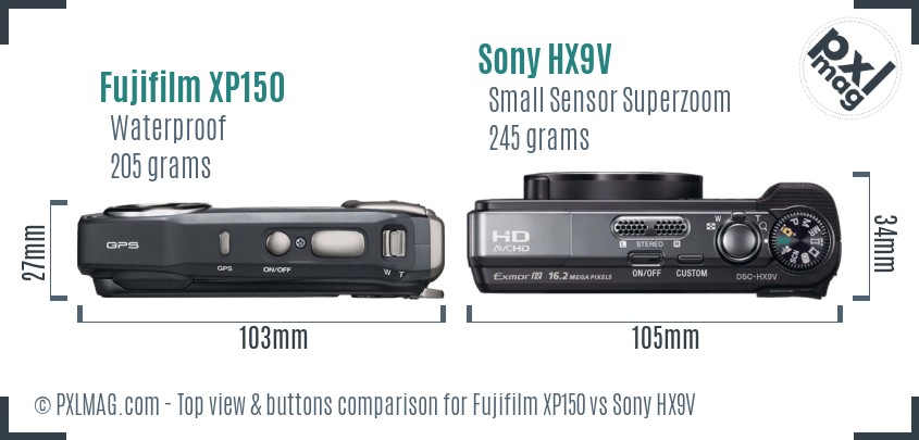 Fujifilm XP150 vs Sony HX9V top view buttons comparison