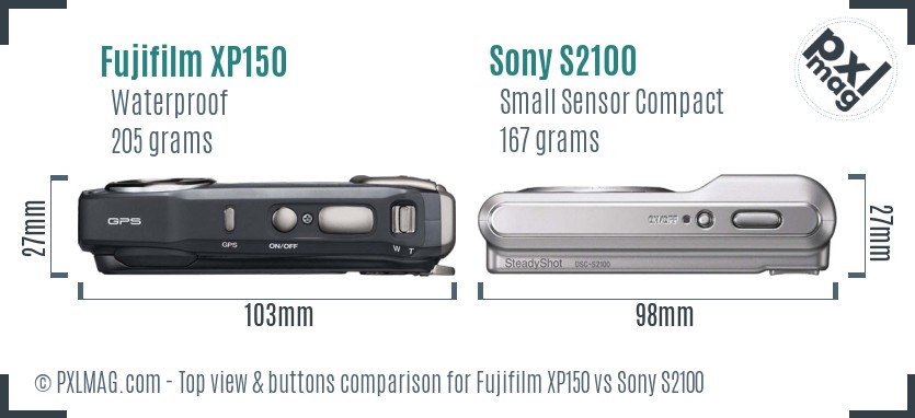 Fujifilm XP150 vs Sony S2100 top view buttons comparison