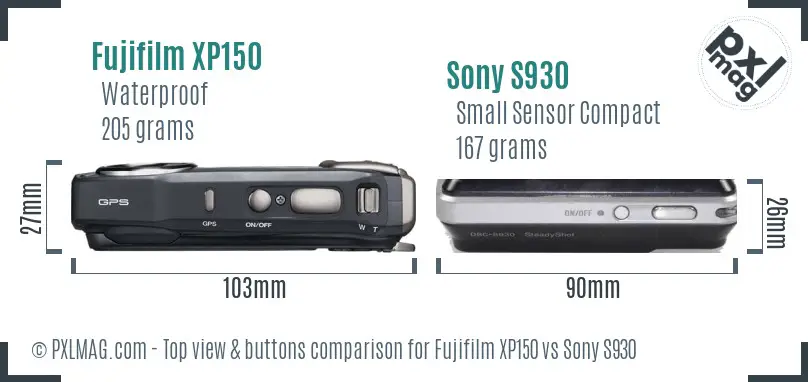 Fujifilm XP150 vs Sony S930 top view buttons comparison Fujifilm XP150 vs Sony S930 top view buttons comparison