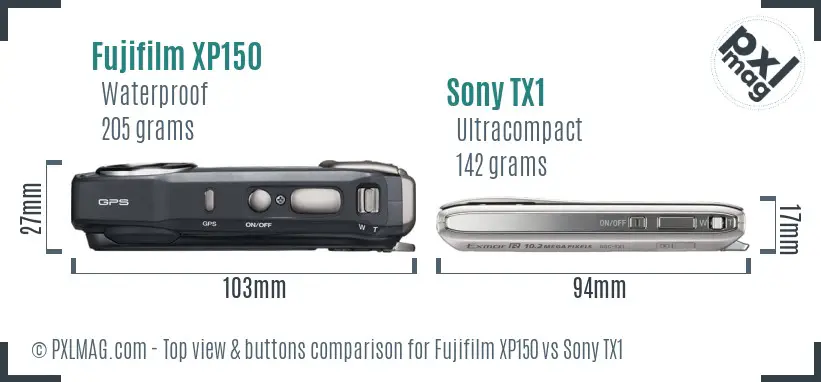 Fujifilm XP150 vs Sony TX1 top view buttons comparison