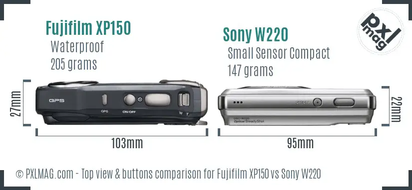 Fujifilm XP150 vs Sony W220 top view buttons comparison