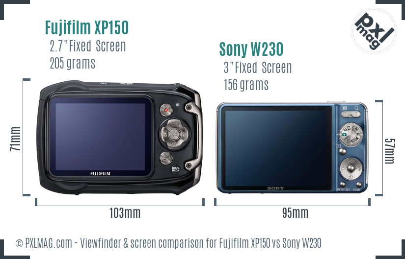 Fujifilm XP150 vs Sony W230 Screen and Viewfinder comparison