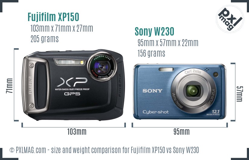 Fujifilm XP150 vs Sony W230 size comparison