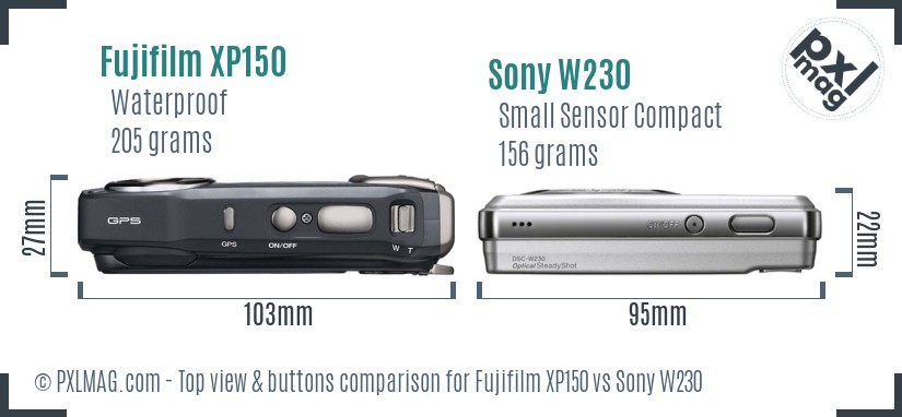 Fujifilm XP150 vs Sony W230 top view buttons comparison