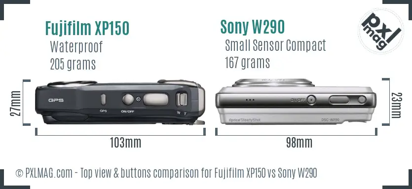 Fujifilm XP150 vs Sony W290 top view buttons comparison