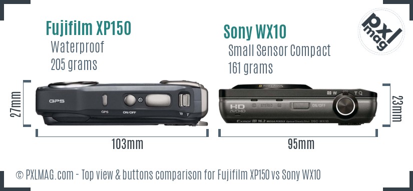 Fujifilm XP150 vs Sony WX10 top view buttons comparison