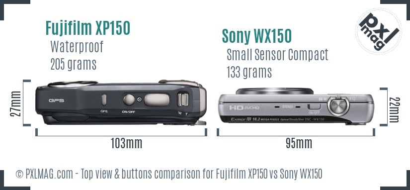 Fujifilm XP150 vs Sony WX150 top view buttons comparison