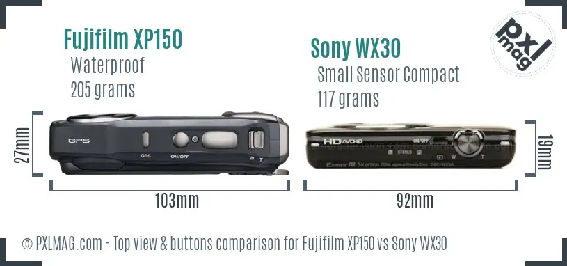 Fujifilm XP150 vs Sony WX30 top view buttons comparison
