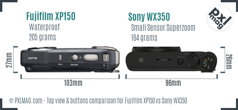 Fujifilm XP150 vs Sony WX350 top view buttons comparison