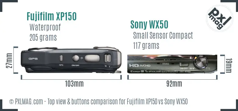 Fujifilm XP150 vs Sony WX50 top view buttons comparison