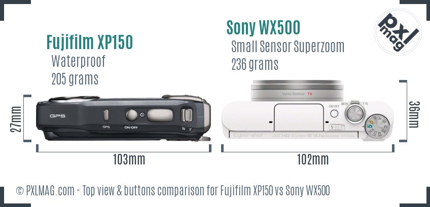 Fujifilm XP150 vs Sony WX500 top view buttons comparison
