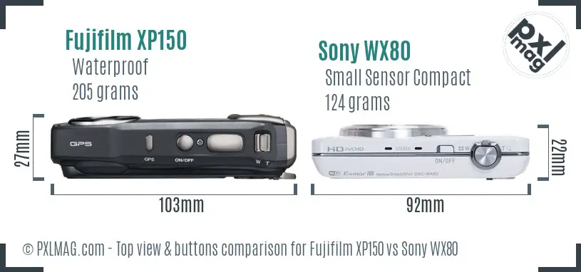 Fujifilm XP150 vs Sony WX80 top view buttons comparison