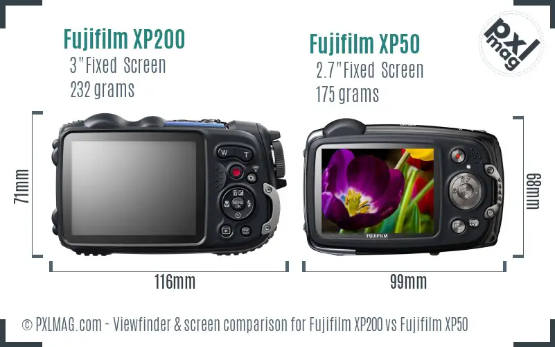 Fujifilm XP200 vs Fujifilm XP50 Screen and Viewfinder comparison