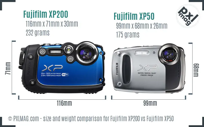 Fujifilm XP200 vs Fujifilm XP50 size comparison