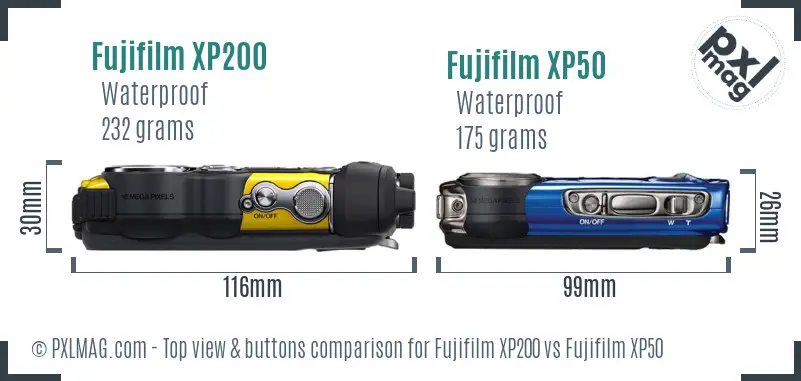 Fujifilm XP200 vs Fujifilm XP50 top view buttons comparison