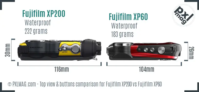 Fujifilm XP200 vs Fujifilm XP60 top view buttons comparison