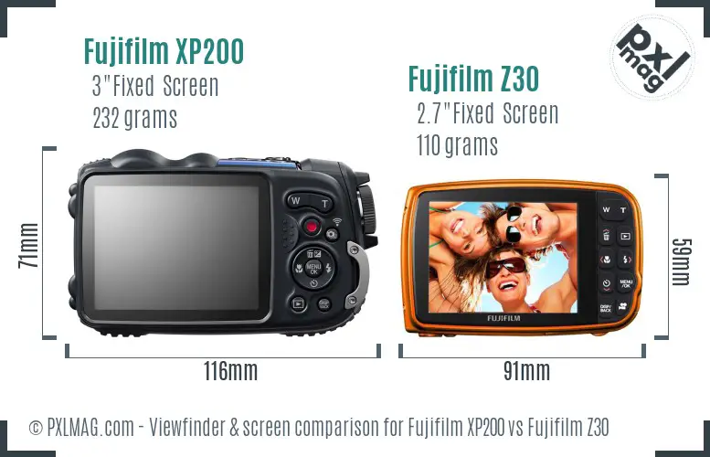 Fujifilm XP200 vs Fujifilm Z30 Screen and Viewfinder comparison