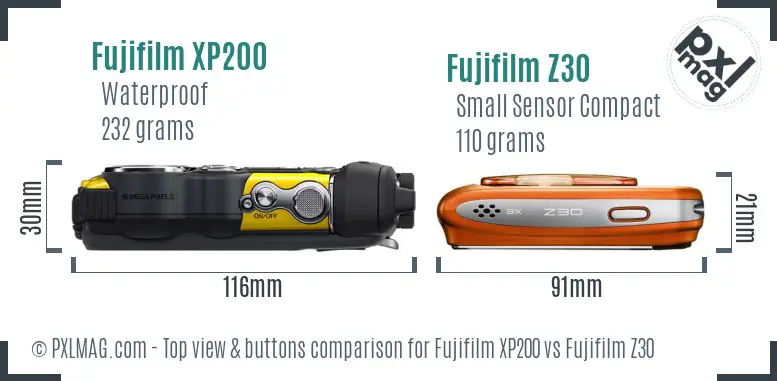 Fujifilm XP200 vs Fujifilm Z30 top view buttons comparison