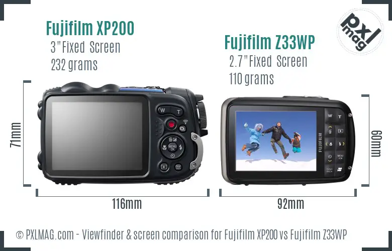 Fujifilm XP200 vs Fujifilm Z33WP Screen and Viewfinder comparison
