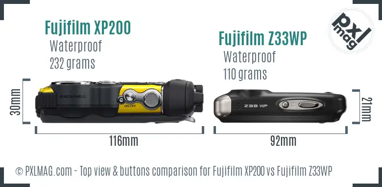 Fujifilm XP200 vs Fujifilm Z33WP top view buttons comparison