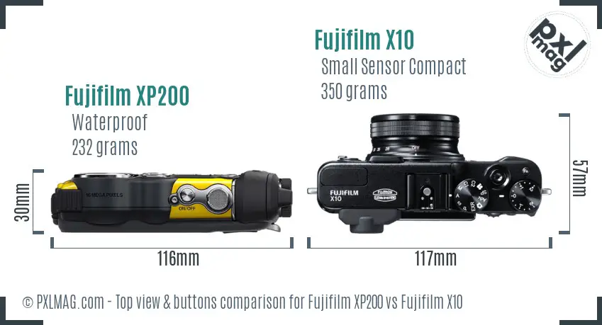 Fujifilm XP200 vs Fujifilm X10 top view buttons comparison