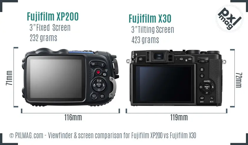 Fujifilm XP200 vs Fujifilm X30 Screen and Viewfinder comparison