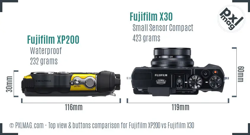 Fujifilm XP200 vs Fujifilm X30 top view buttons comparison