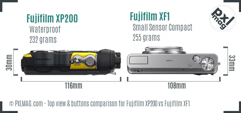 Fujifilm XP200 vs Fujifilm XF1 top view buttons comparison