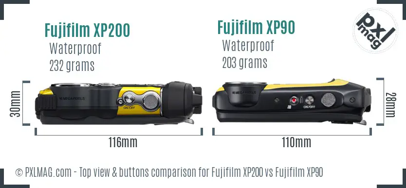 Fujifilm XP200 vs Fujifilm XP90 top view buttons comparison