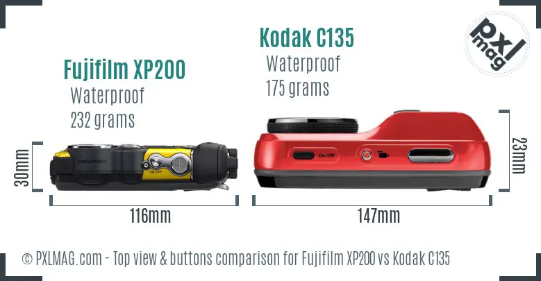 Fujifilm XP200 vs Kodak C135 top view buttons comparison Fujifilm XP200 vs Kodak C135 top view buttons comparison