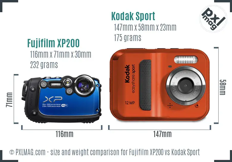 Fujifilm XP200 vs Kodak Sport size comparison