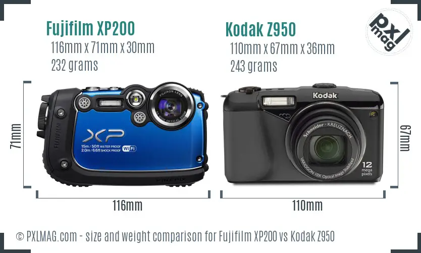 Fujifilm XP200 vs Kodak Z950 size comparison