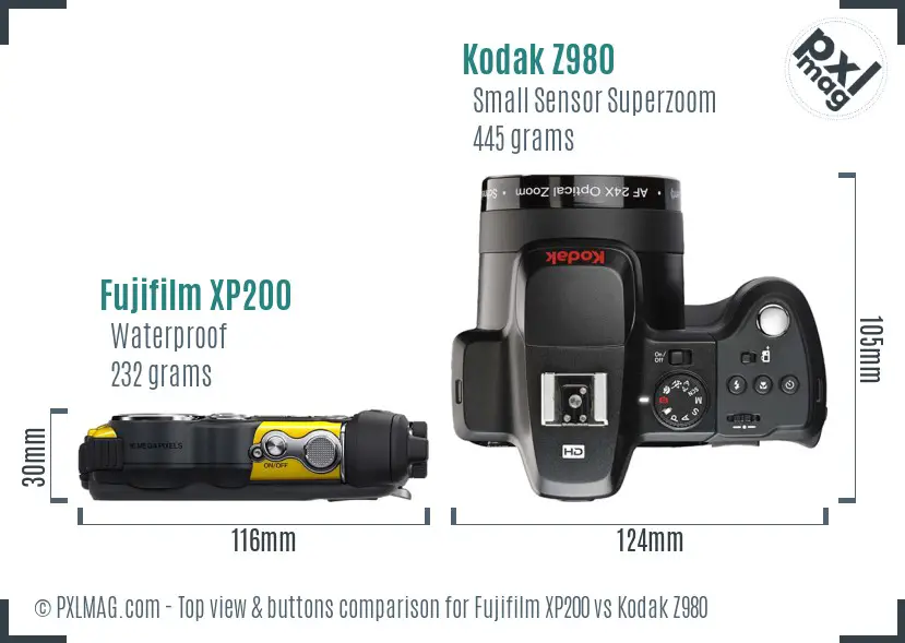 Fujifilm XP200 vs Kodak Z980 top view buttons comparison Fujifilm XP200 vs Kodak Z980 top view buttons comparison