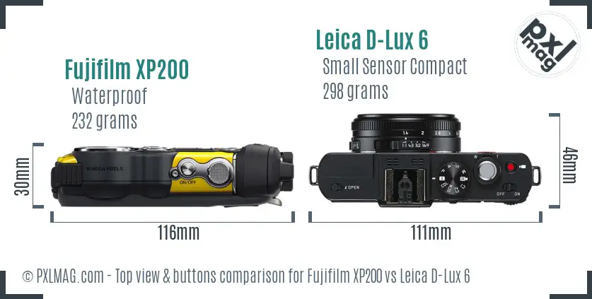Fujifilm XP200 vs Leica D-Lux 6 top view buttons comparison Fujifilm XP200 vs Leica D-Lux 6 top view buttons comparison