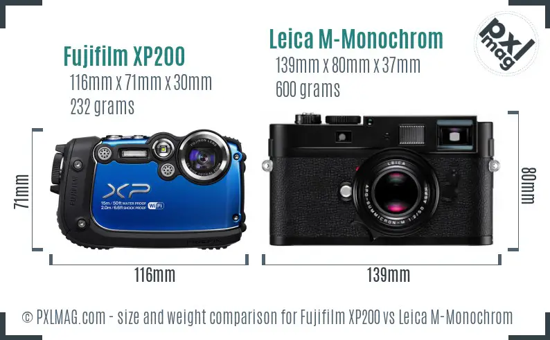 Fujifilm XP200 vs Leica M-Monochrom size comparison