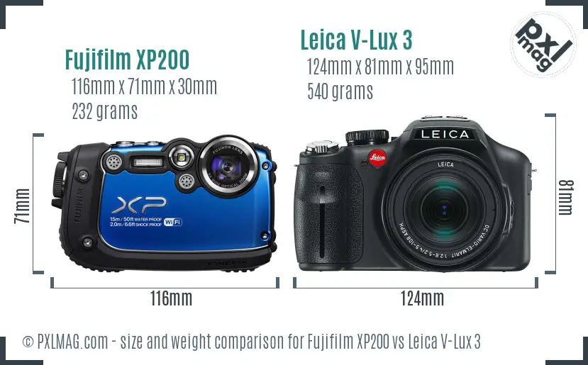 Fujifilm XP200 vs Leica V-Lux 3 size comparison