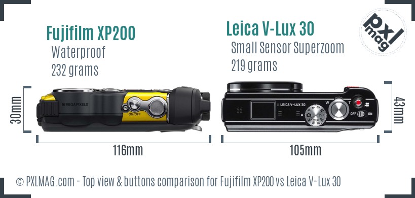 Fujifilm XP200 vs Leica V-Lux 30 top view buttons comparison