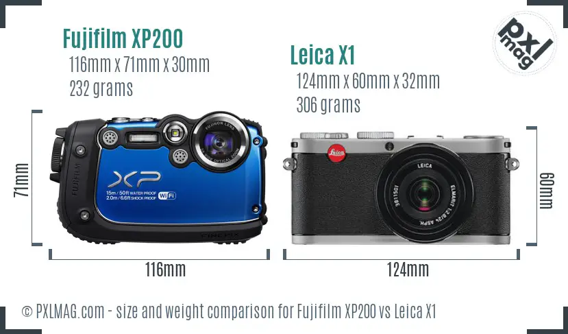 Fujifilm XP200 vs Leica X1 size comparison
