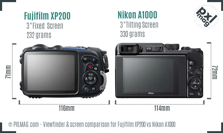 Fujifilm XP200 vs Nikon A1000 Screen and Viewfinder comparison