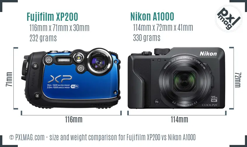 Fujifilm XP200 vs Nikon A1000 size comparison