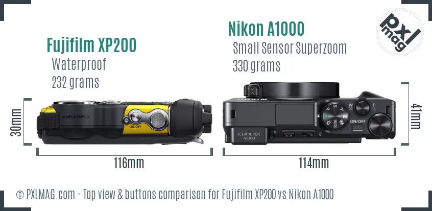 Fujifilm XP200 vs Nikon A1000 top view buttons comparison
