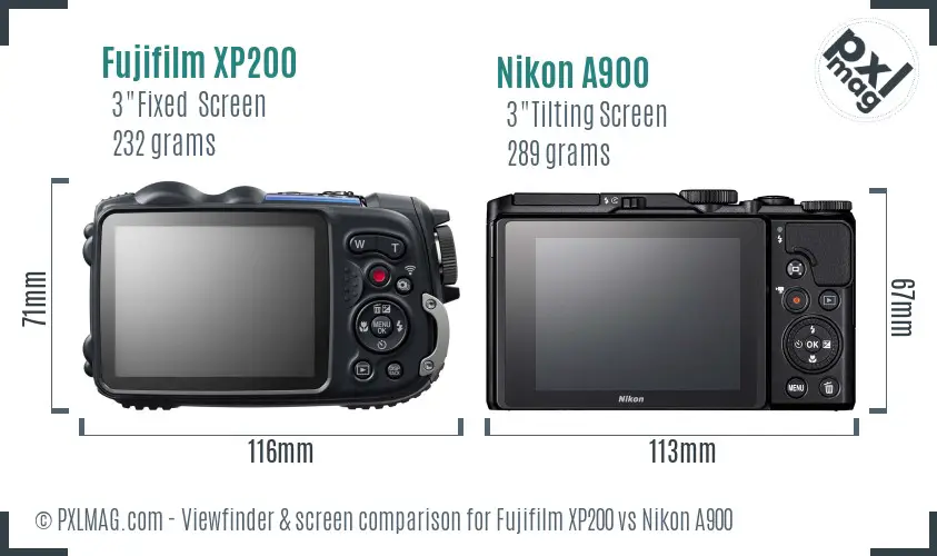 Fujifilm XP200 vs Nikon A900 Screen and Viewfinder comparison