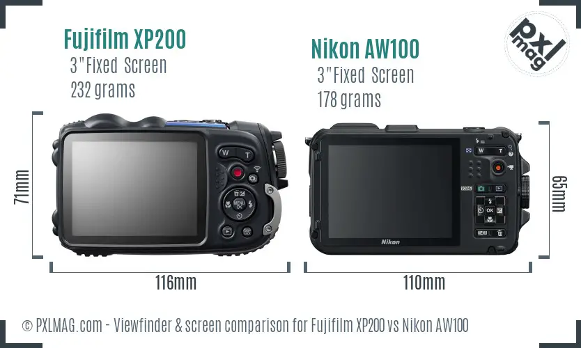 Fujifilm XP200 vs Nikon AW100 Screen and Viewfinder comparison