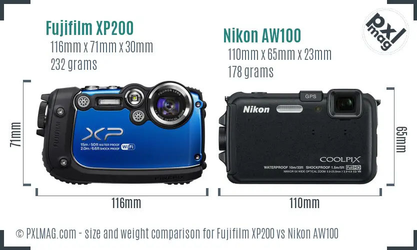 Fujifilm XP200 vs Nikon AW100 size comparison