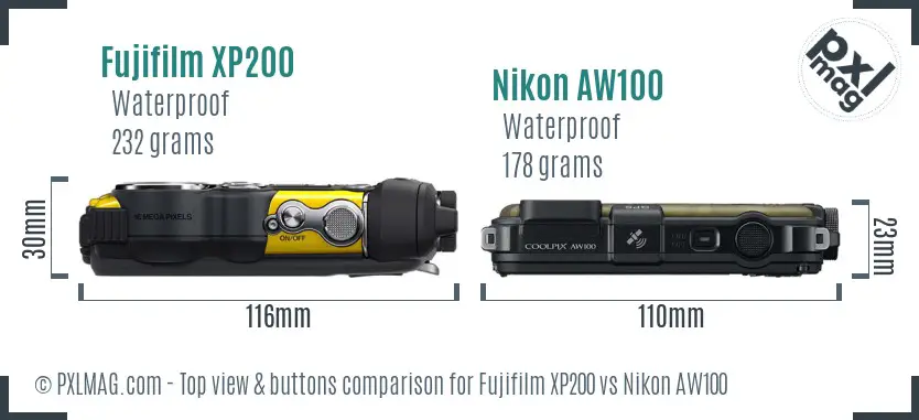 Fujifilm XP200 vs Nikon AW100 top view buttons comparison