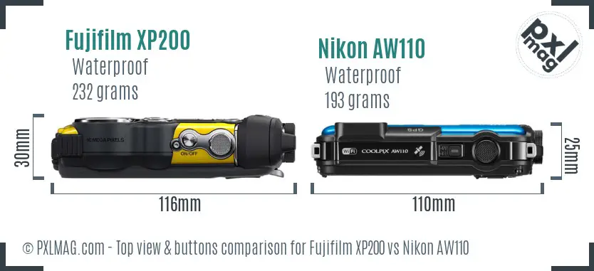 Fujifilm XP200 vs Nikon AW110 top view buttons comparison