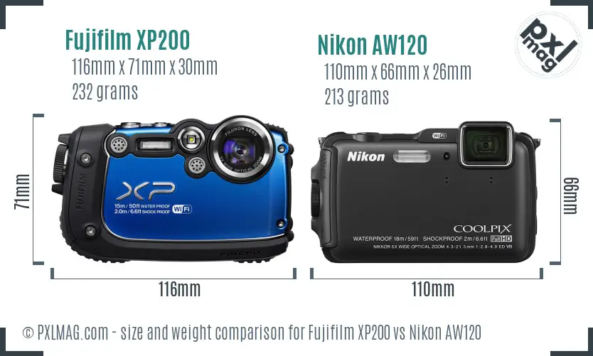Fujifilm XP200 vs Nikon AW120 size comparison